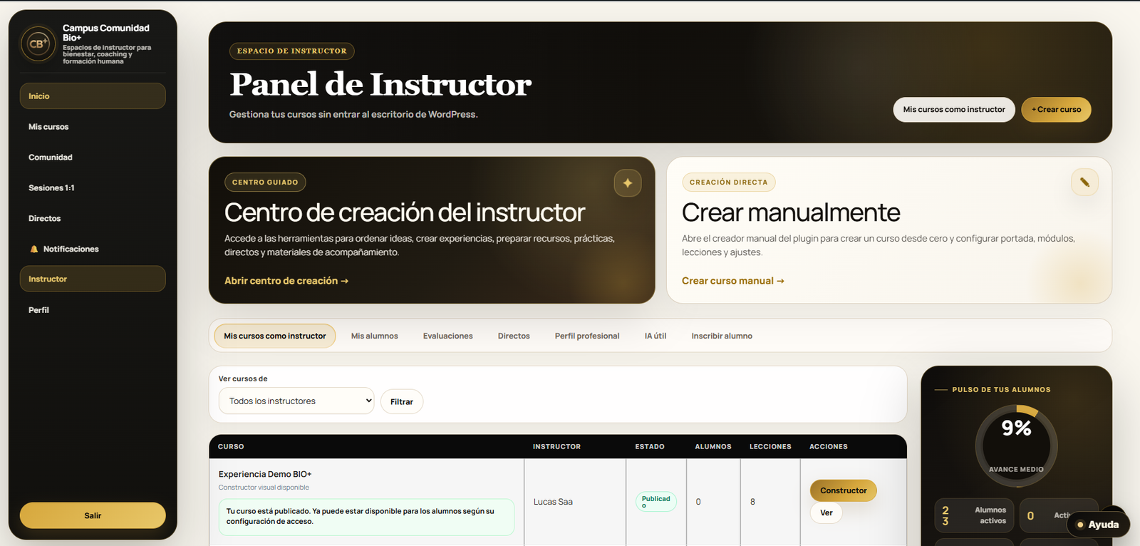 Panel de instructor Comunidad BIO+